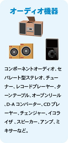 オーディオ機器 コンポーネントオーディオ、セパレート型ステレオ、チューナー、レコードプレーヤー、ターンテーブル、オープンリール、D-Aコンバーター、CDプレーヤー、チェンジャー、イコライザ 、スピーカー、アンプ、ミキサーなど。